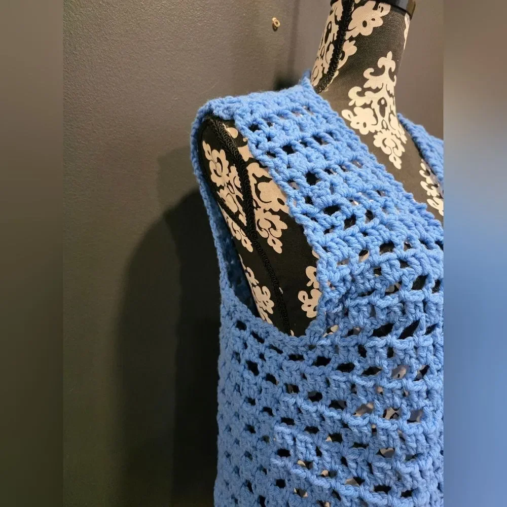 Blue Crochet Open Front Vest Cardigan